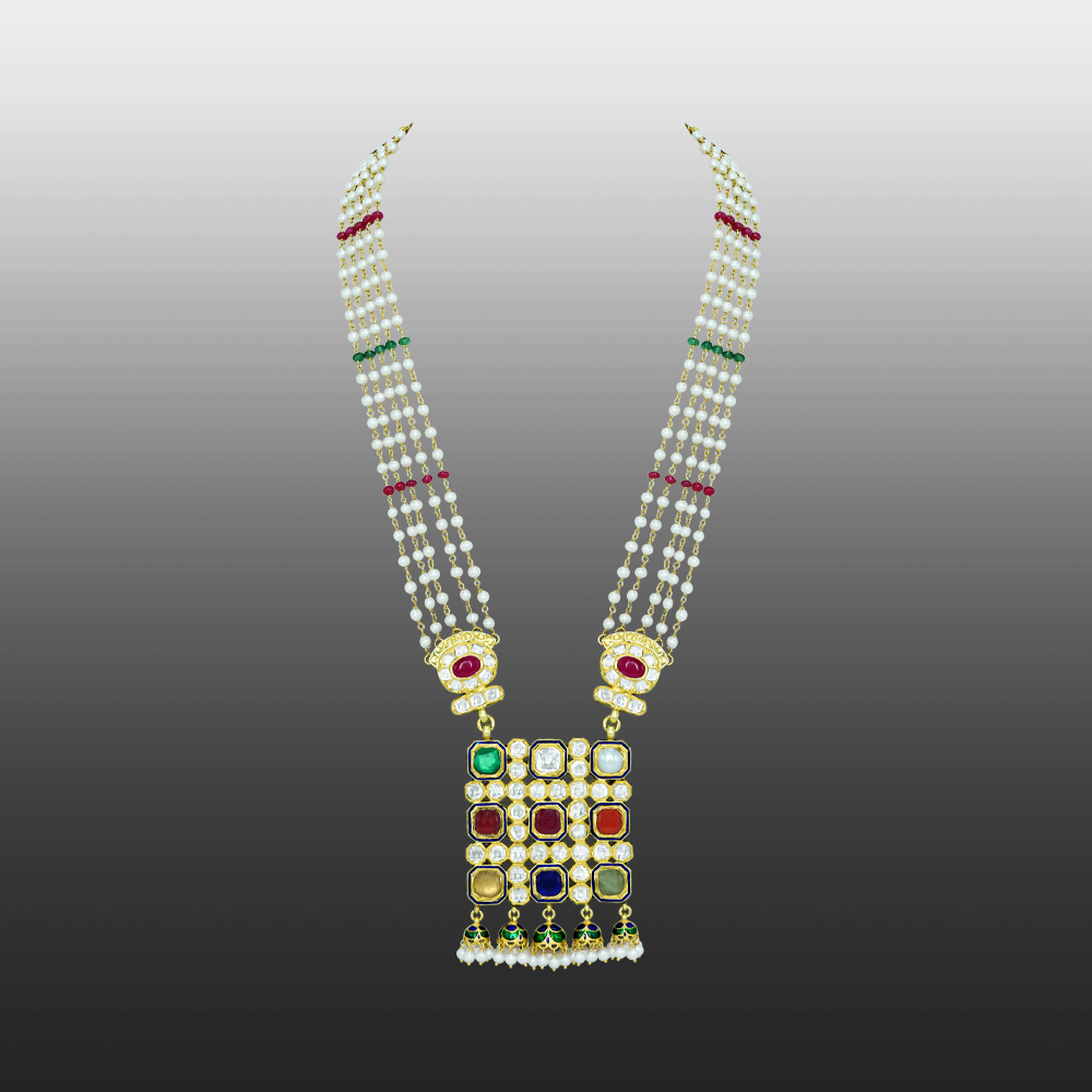 Pearl Necklace with Navratan Pendant and Ruby-Emerald Beads